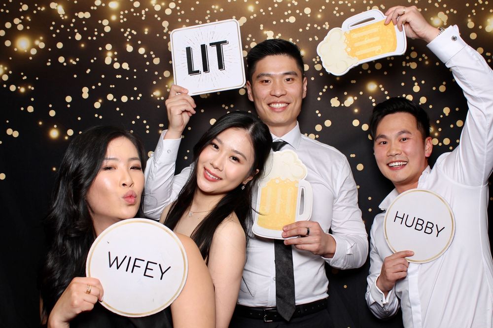 A collage of photo booth pictures with people smiling and posing together against a sparkly black background.