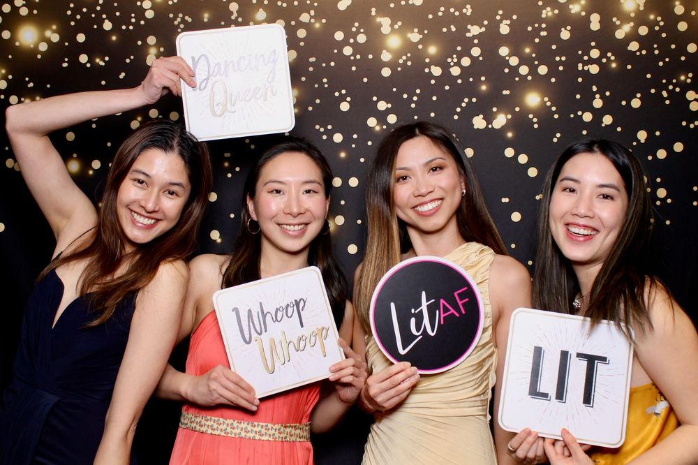 Fun party photo booth strip sequence showing multiple poses with festive gold sparkle effects in the background.