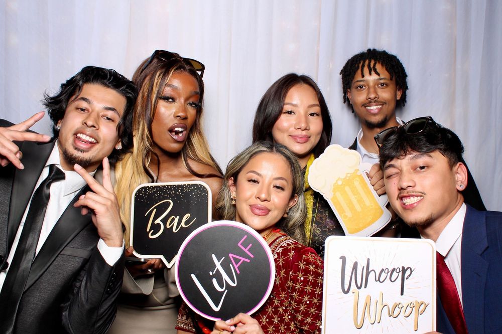 A photo strip collage showing several groups of people posing and smiling together in a photo booth setting.