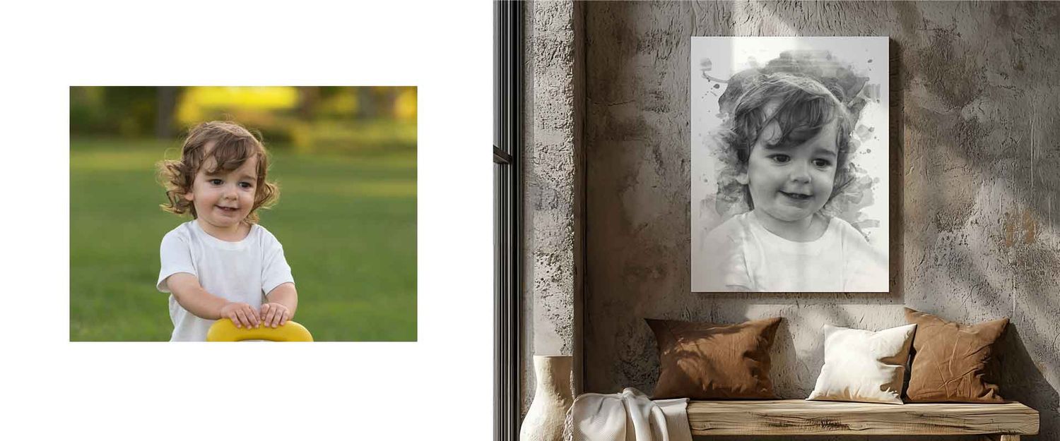 Uma fotografia infantil, tratada artisticamente para decorar uma sala ou um escritório, impressa em tela ou em papel fotográfico.