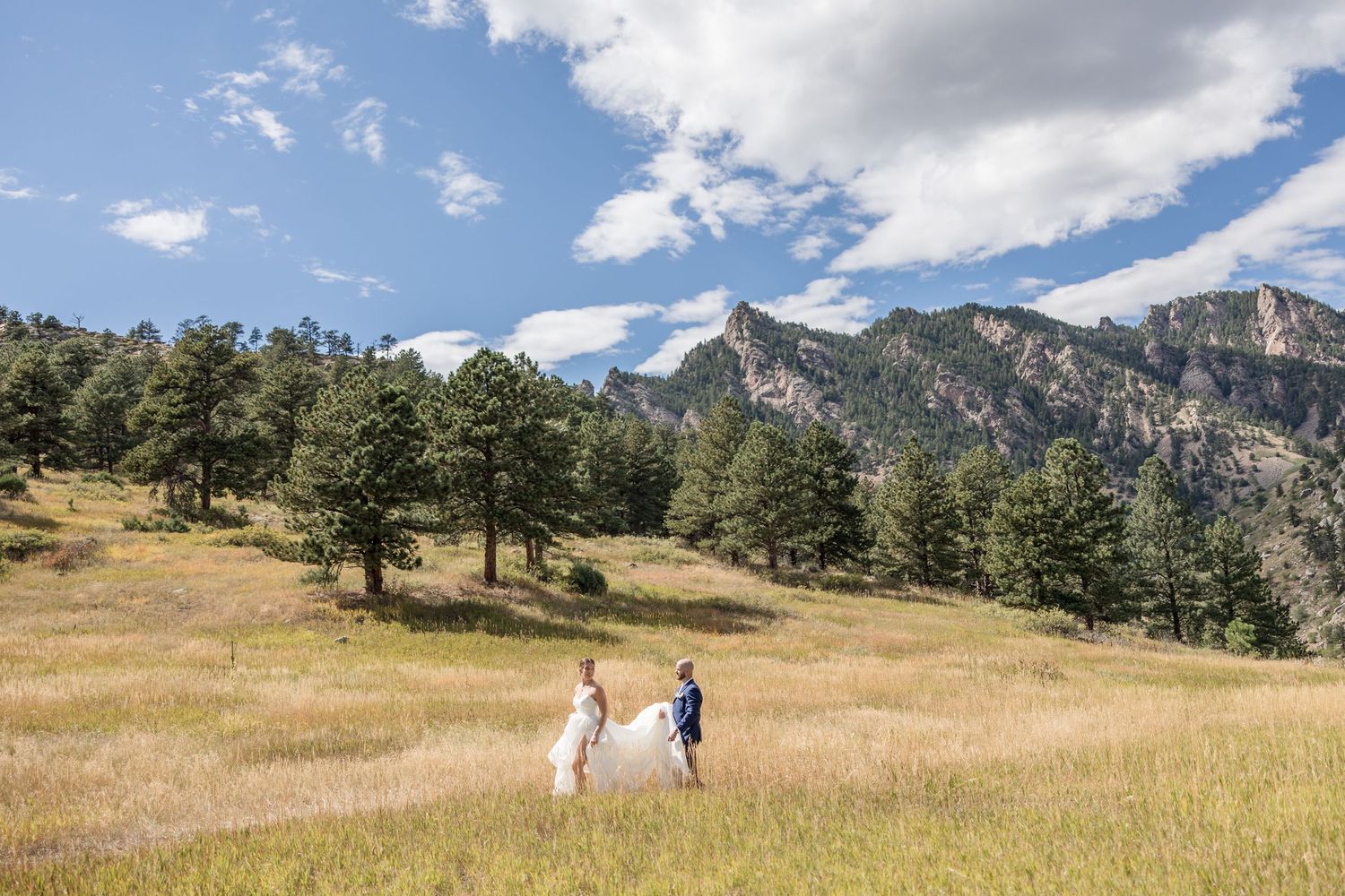 Two people walk through a scenic mountain meadow with tall grass and evergreen trees on a sunny day.