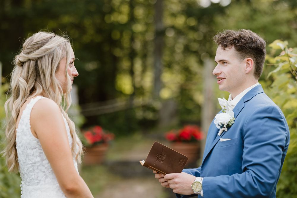 A series of wedding moments captured in a natural outdoor setting showing first look reactions and sweet candid moments.