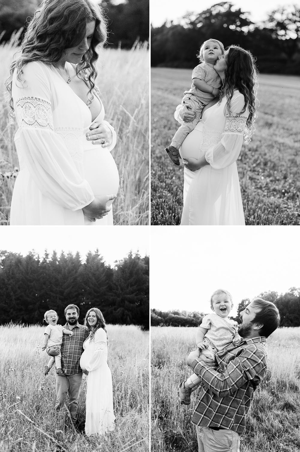 Black and white family photo collection showing tender moments in an outdoor field setting.