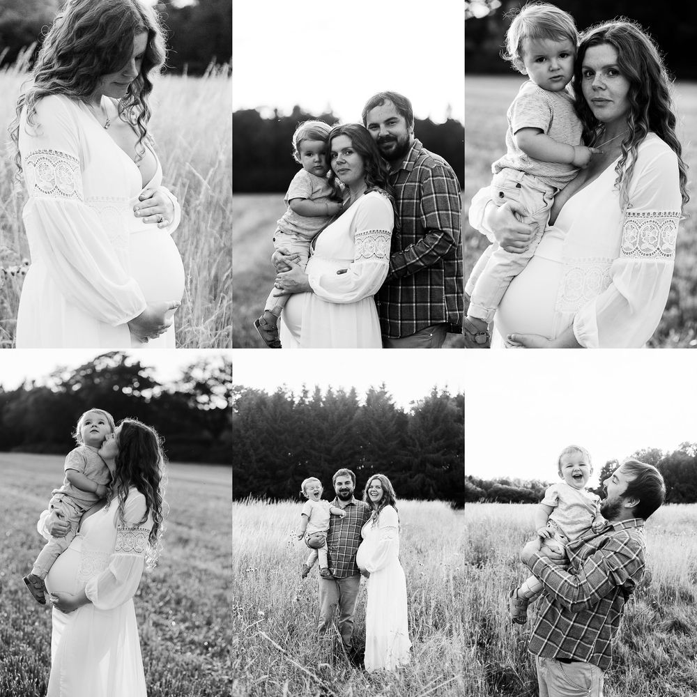 Collection of black and white family portraits showing loving moments in a field.