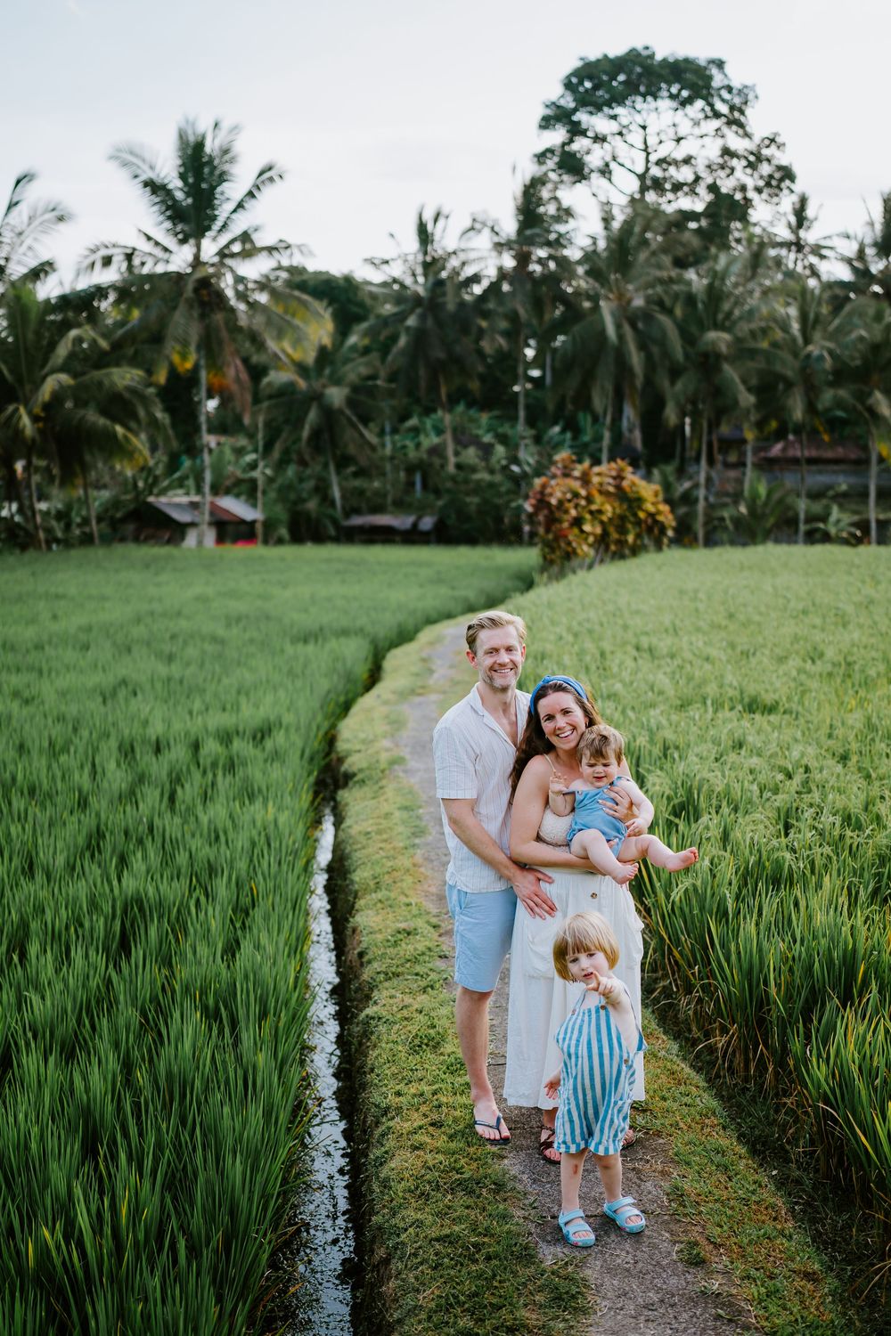 Family portrait session on dirt path surrounded by emerald rice fields and tropical vegetation.