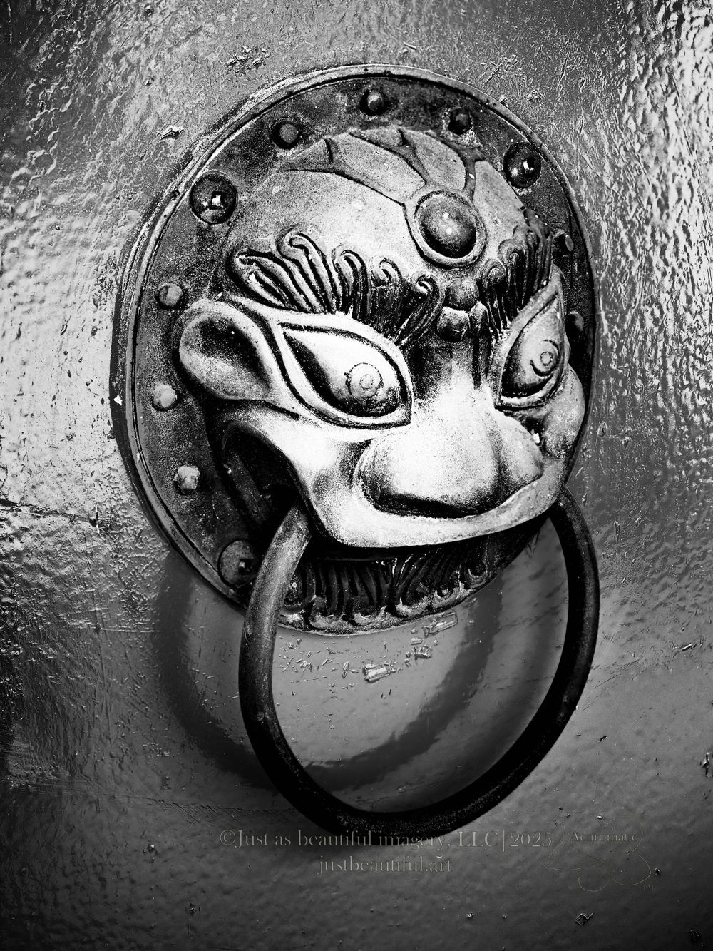 Achromatic photo of asian door knocker.