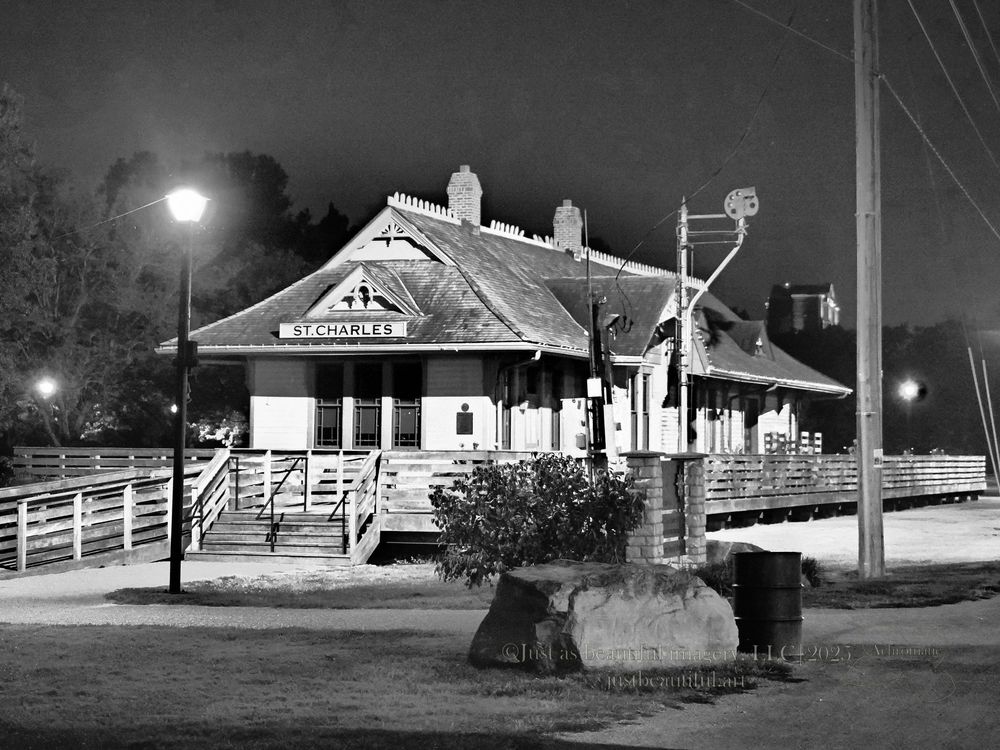 Achromatic photo of old train station in Saint Charles, Missouri.