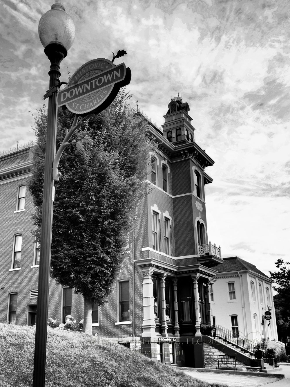 Achromatic photo of Historic Main Street in Saint Charles, Missouri.