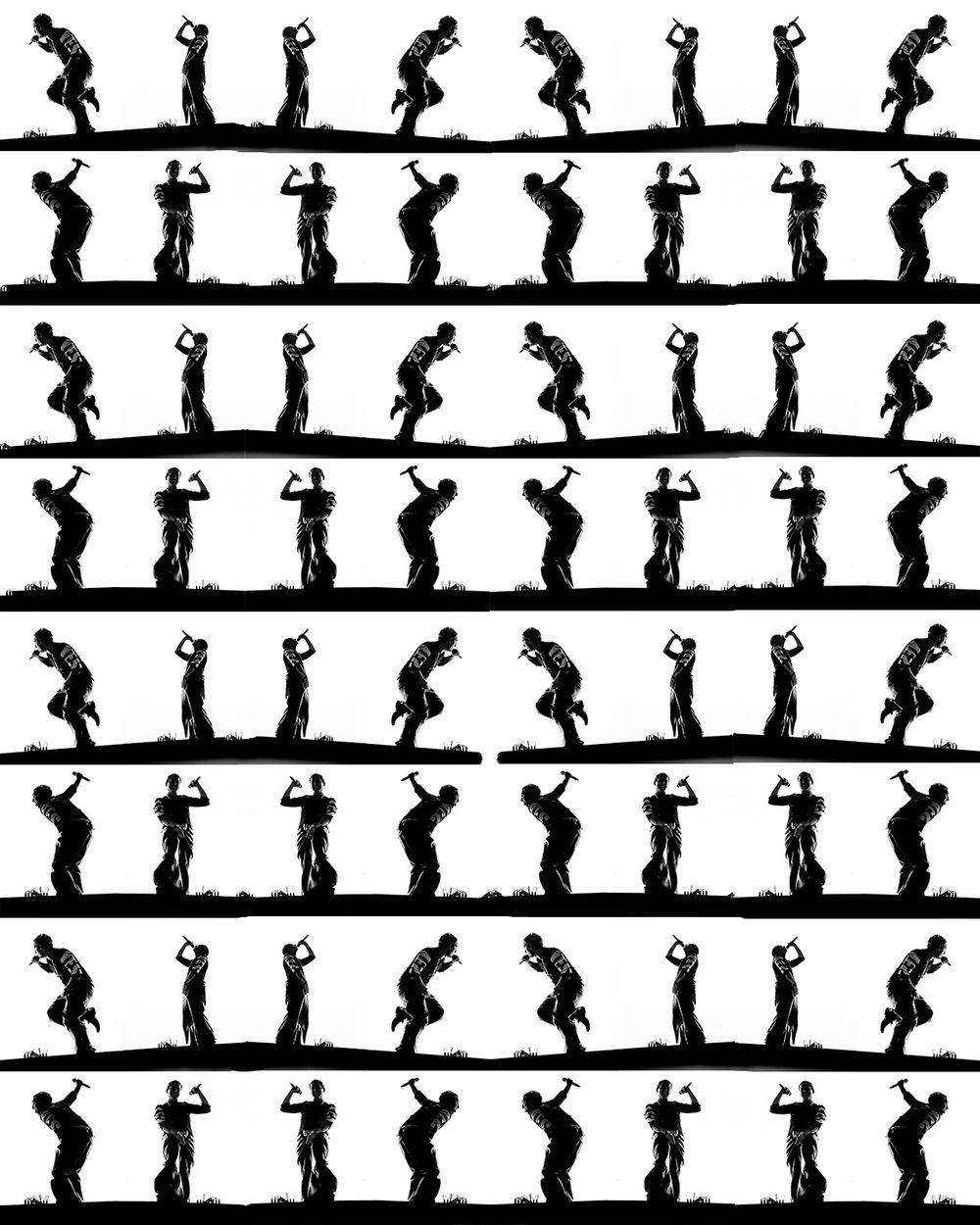 Black silhouettes of dancing figures arranged in horizontal rows create a repeating pattern against a white background.