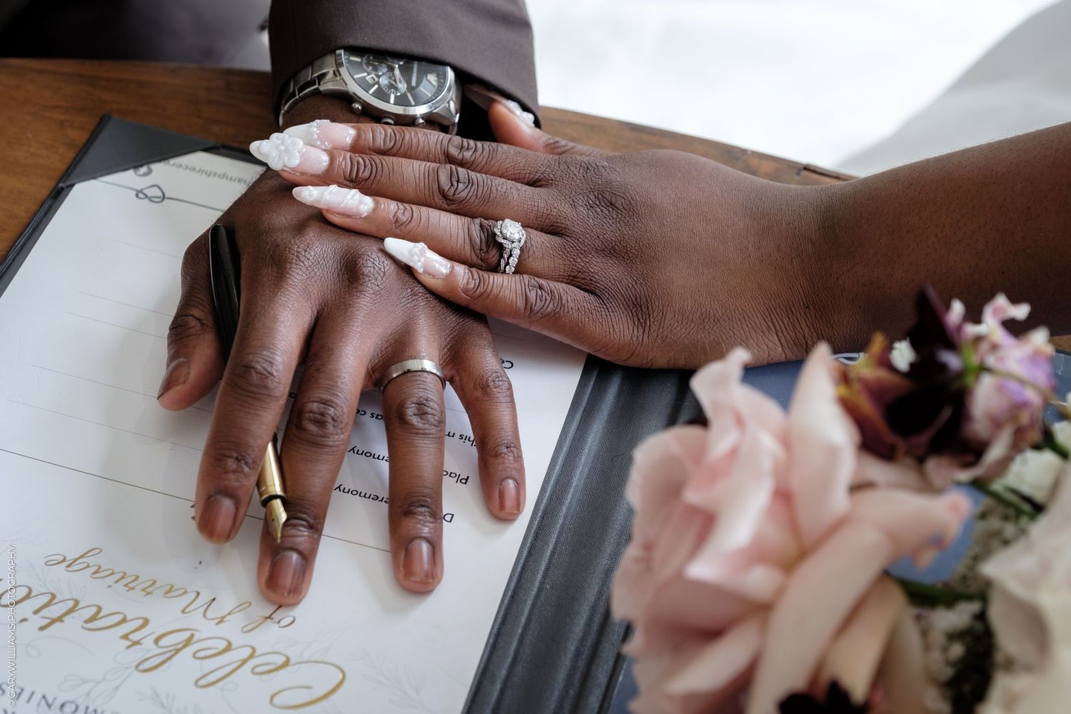 Close up view of hands showing engagement rings in a sequence of wedding photography shots.