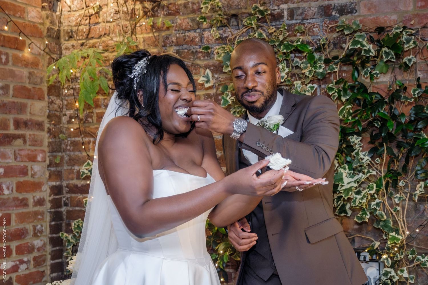 A romantic wedding photo collage showing intimate moments between a couple against a rustic brick wall backdrop.