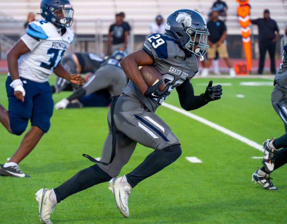 Football player wearing number 29 in gray uniform runs with the ball during a game.