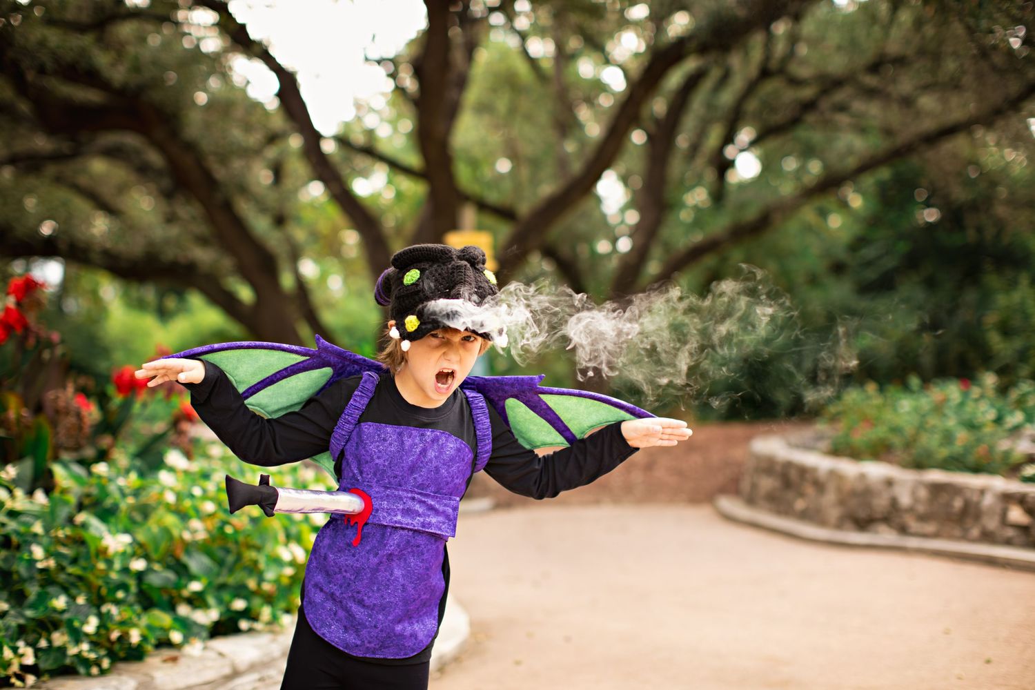 boy in dragon costume at a family photo shoot at Zilker botanical gardens