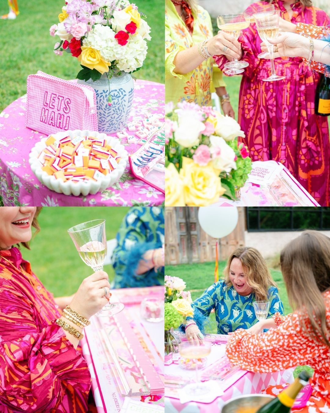 A whimsical outdoor garden party setting with pink decor, floral arrangements, and mahjong tiles on a decorated table.