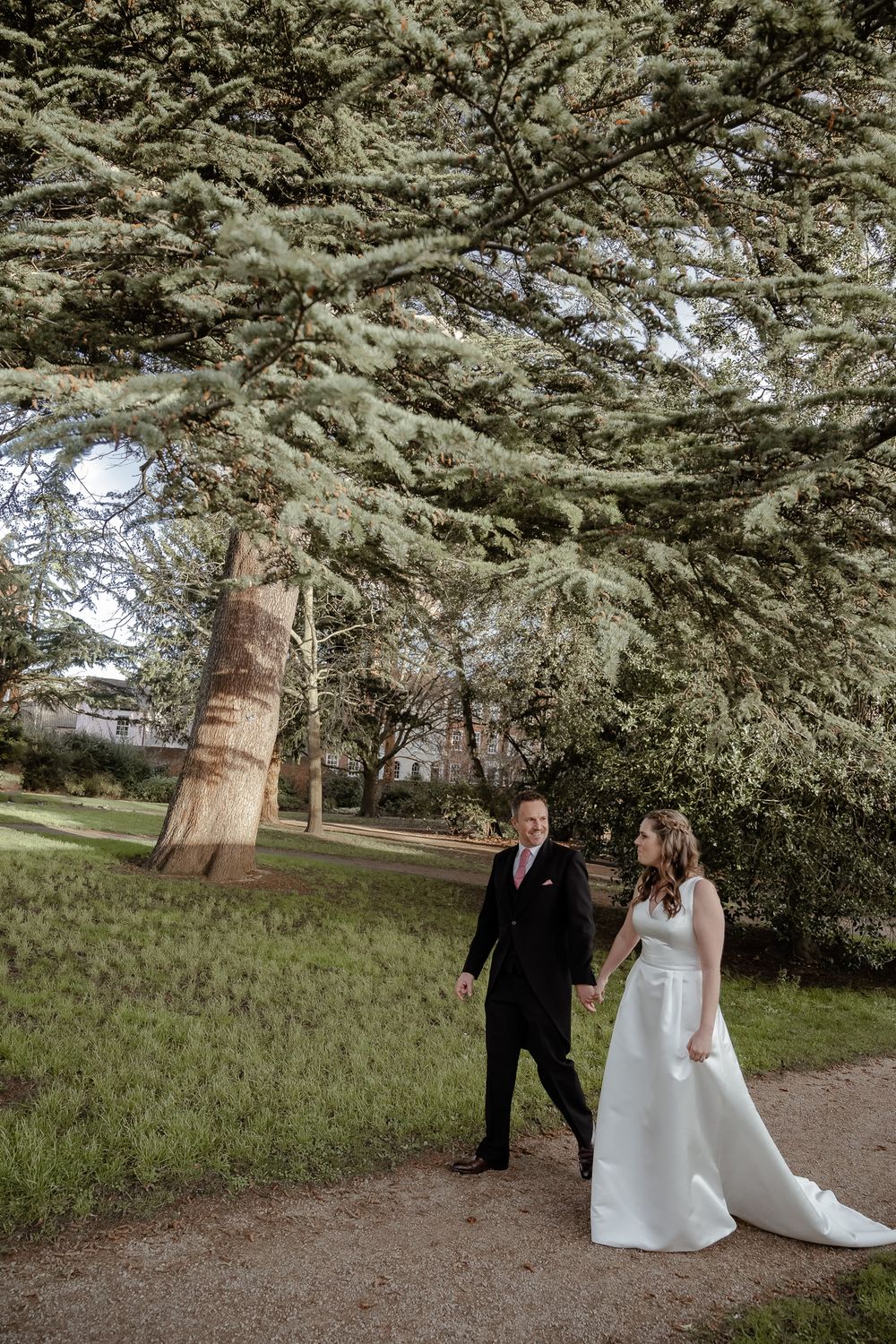 A wedding couple walks beneath a majestic cedar tree along a garden path.