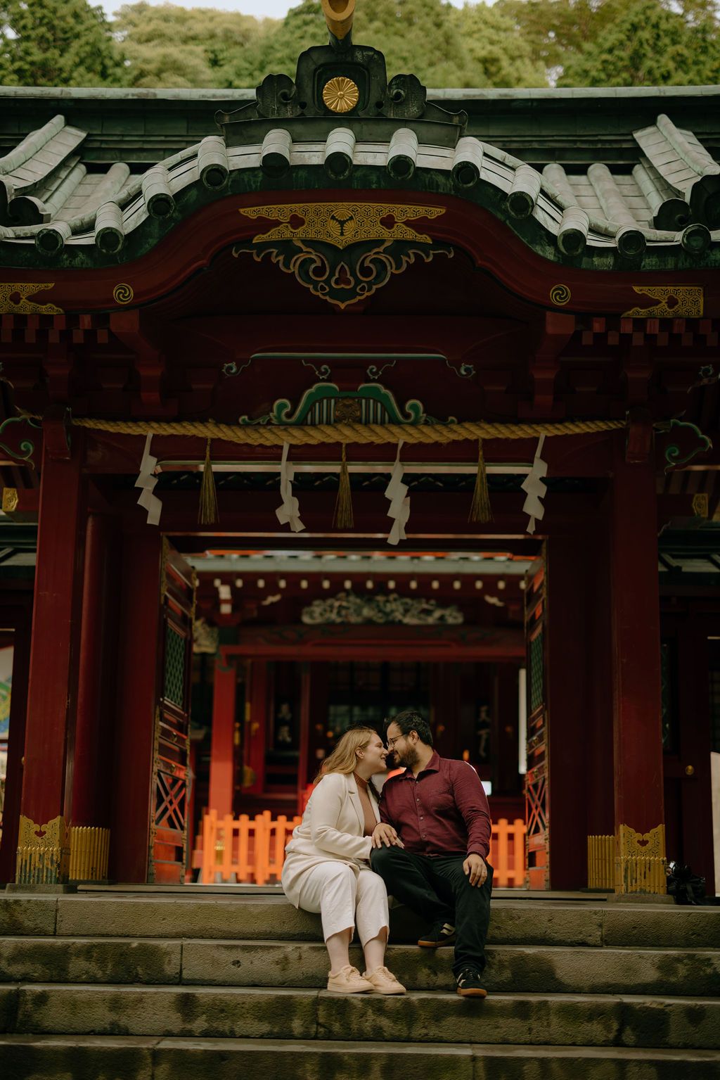 Couple proposal and engagement photography at Lake Ashi Peace Torii Hakone Shrine Japan