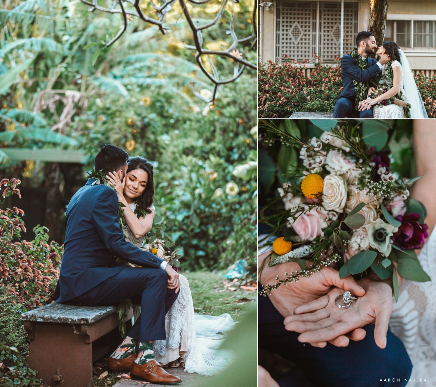 Wedding detail collage showing intimate moments and floral bouquet with citrus accents.