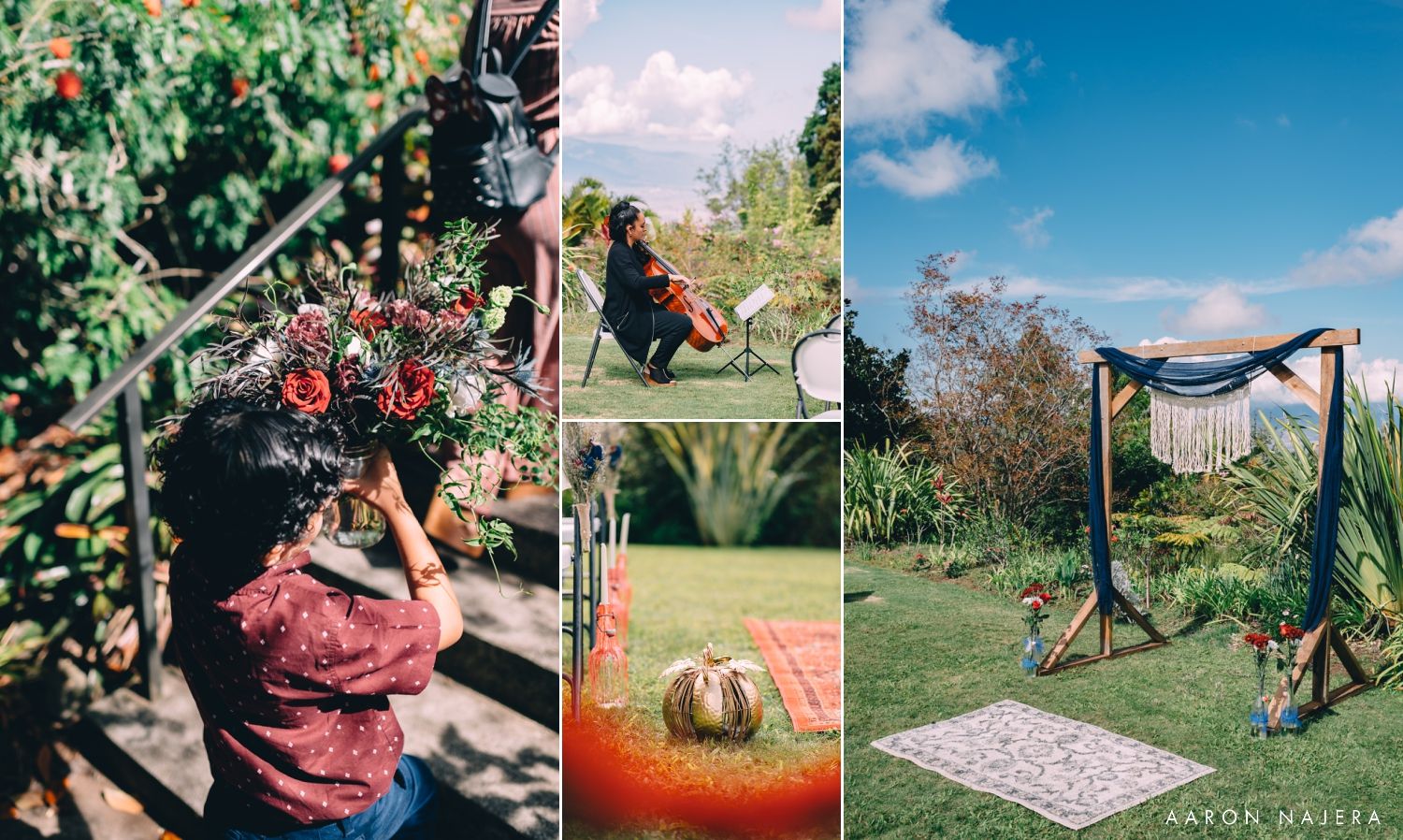 Collection of candid outdoor wedding photography moments in a garden setting.