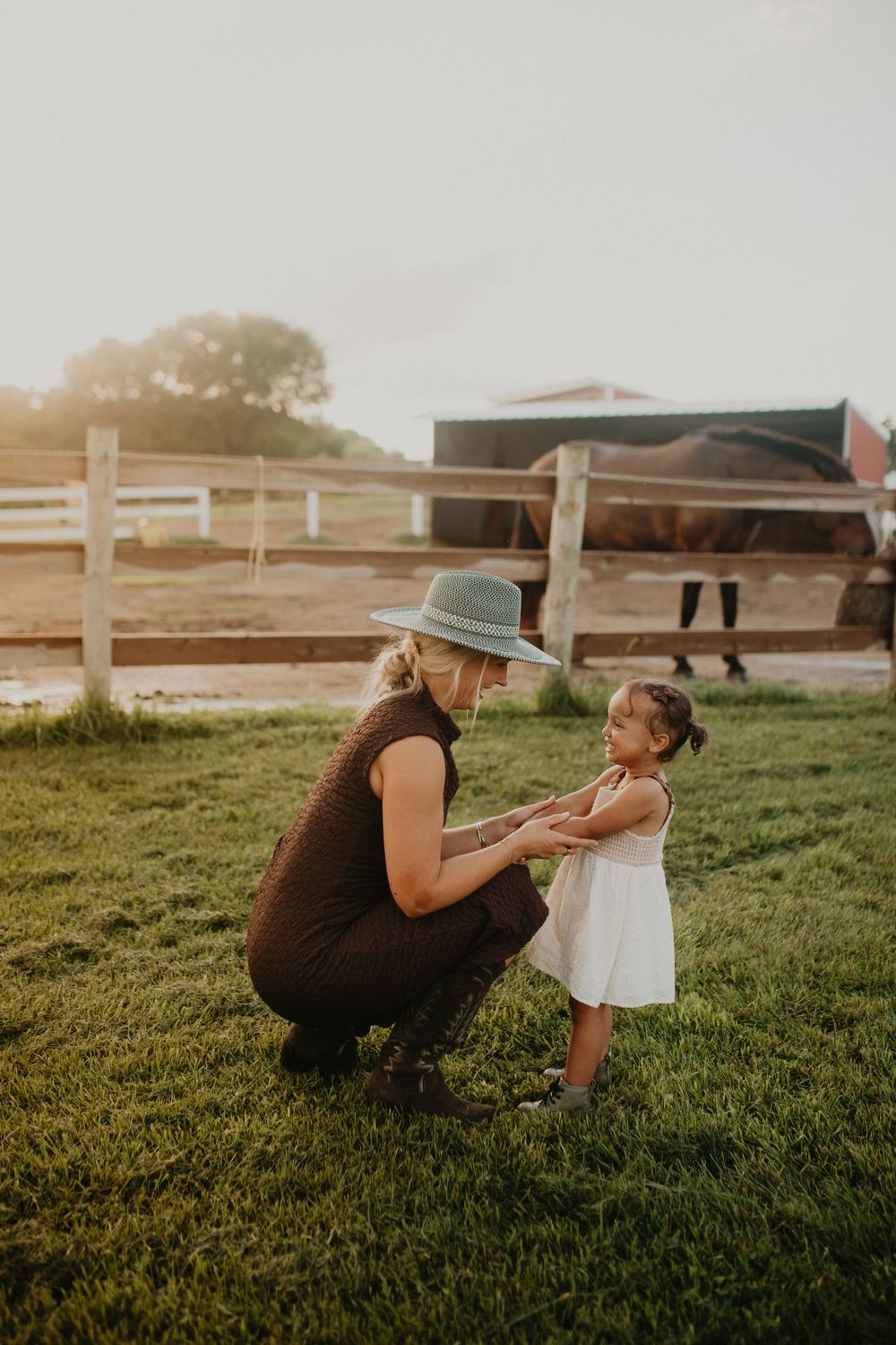 A playful moment unfolds on a sunny lawn beside wooden fencing.