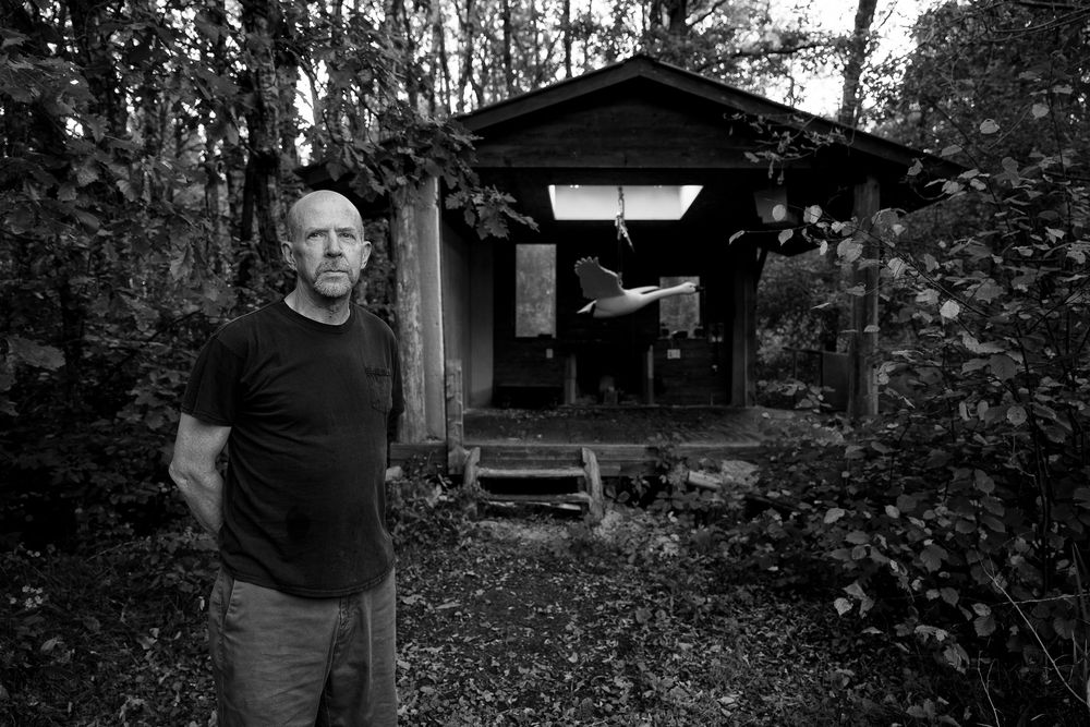 A black and white photo collage showing four outdoor scenes with a person in casual attire standing in garden settings.