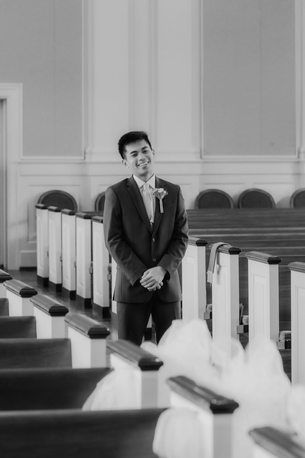 first look with groom Fall wedding in Hartselle Alabama with blush and navy wedding colors
