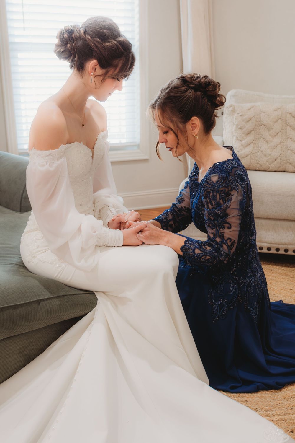 Emotional wedding day prayer with bride and mother in Alabama