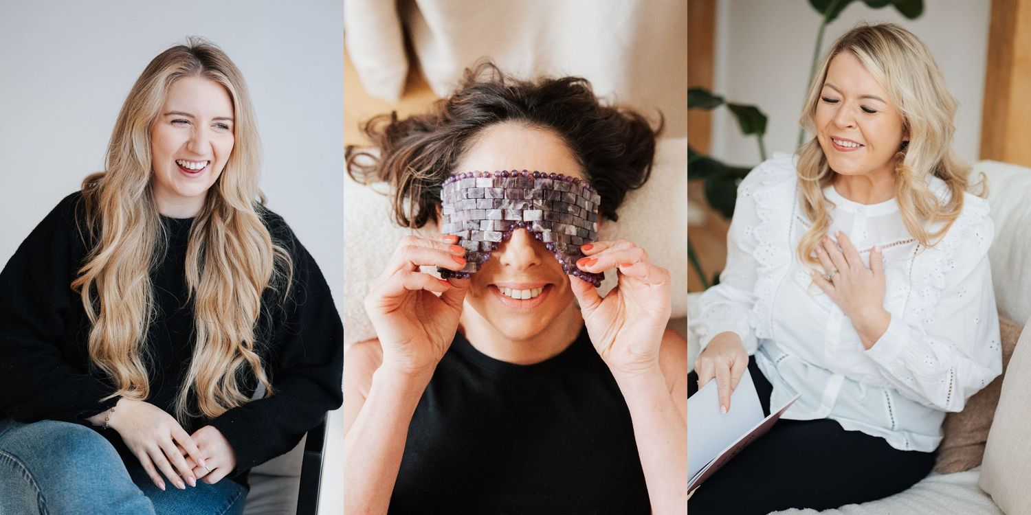 A series of professional headshots showing people laughing and smiling in bright, natural lighting.