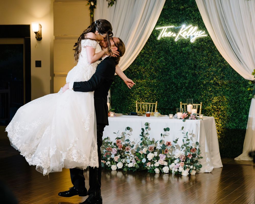 Romantic wedding dance sequence captured in five horizontal frames showing flowing white dress and elegant venue decor.
