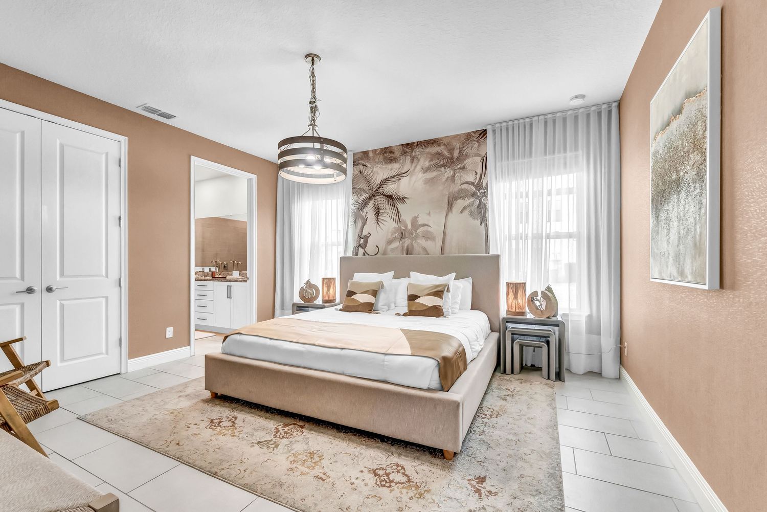 Collage of modern luxury bedroom interior photos showing white and beige decor with elegant furnishings and natural light.