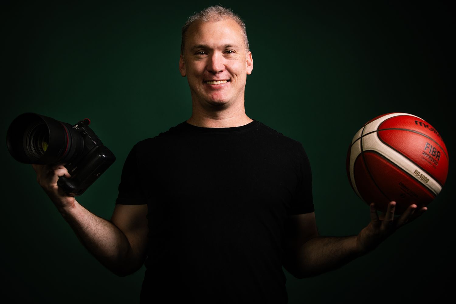 Person holding a football while posing against a dark background in a series of action shots.