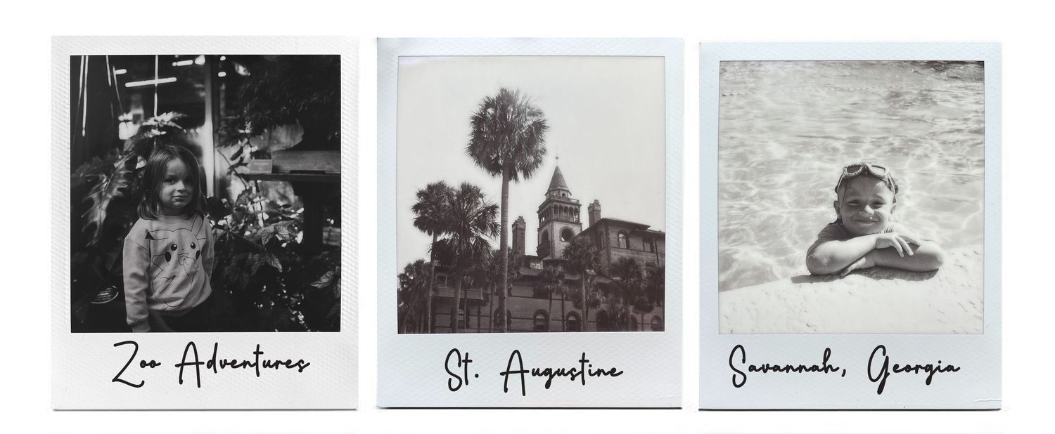 A collection of vintage black and white photographs arranged in a horizontal row showing various scenes and moments.
