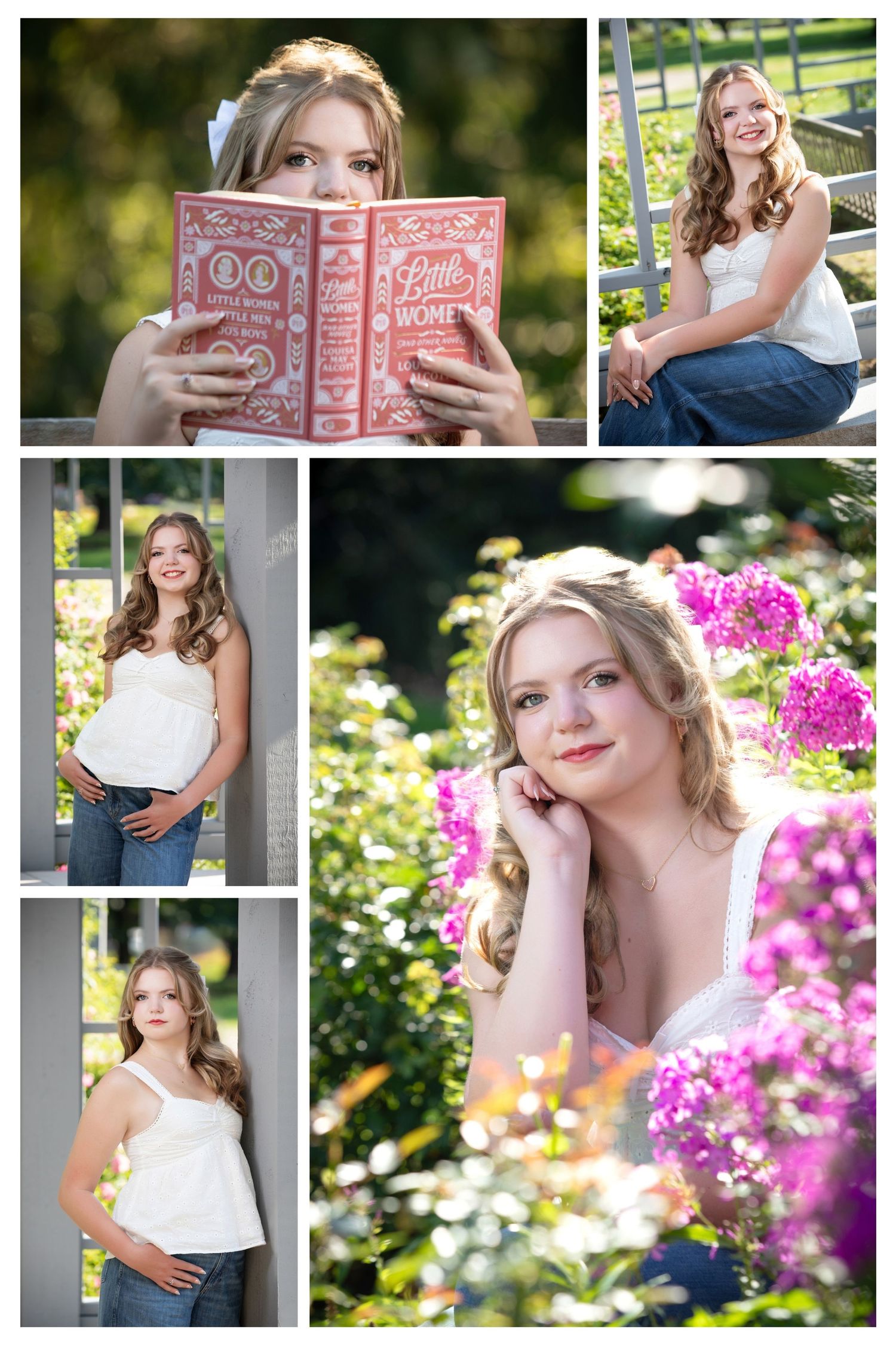 Olentangy senior pictures in Inniswoods.  Senior pictures in the park.  Senior pictures reading a book on a bench. Floral senior pictures.