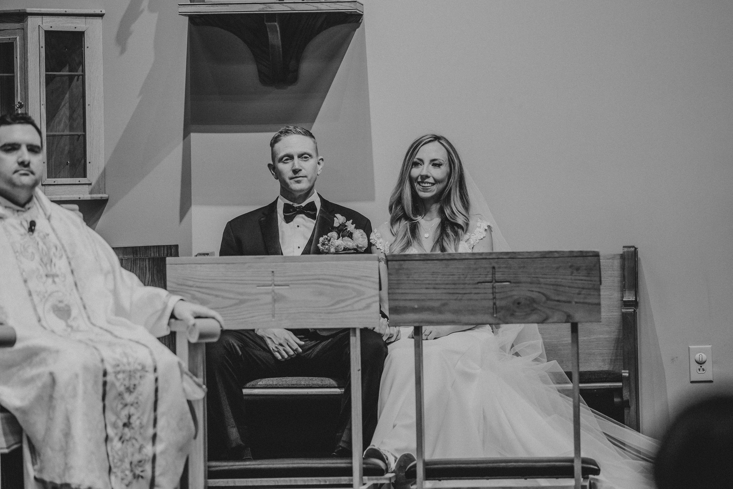 A black and white collage of wedding moments showing couples and guests in candid celebratory scenes.