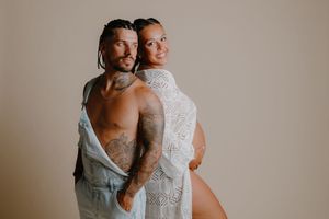 A series of romantic wedding photos showing tender moments between a couple in elegant white and sage green attire.