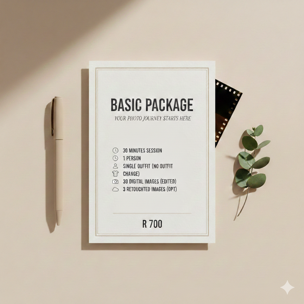 Minimalist photography pricing packages displayed on beige background with eucalyptus leaves and simple frames.