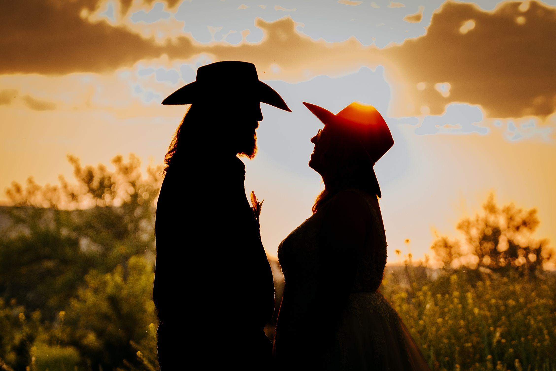 Silhouetted figures embrace against a golden sunset sky with dramatic clouds and trees in the background.
