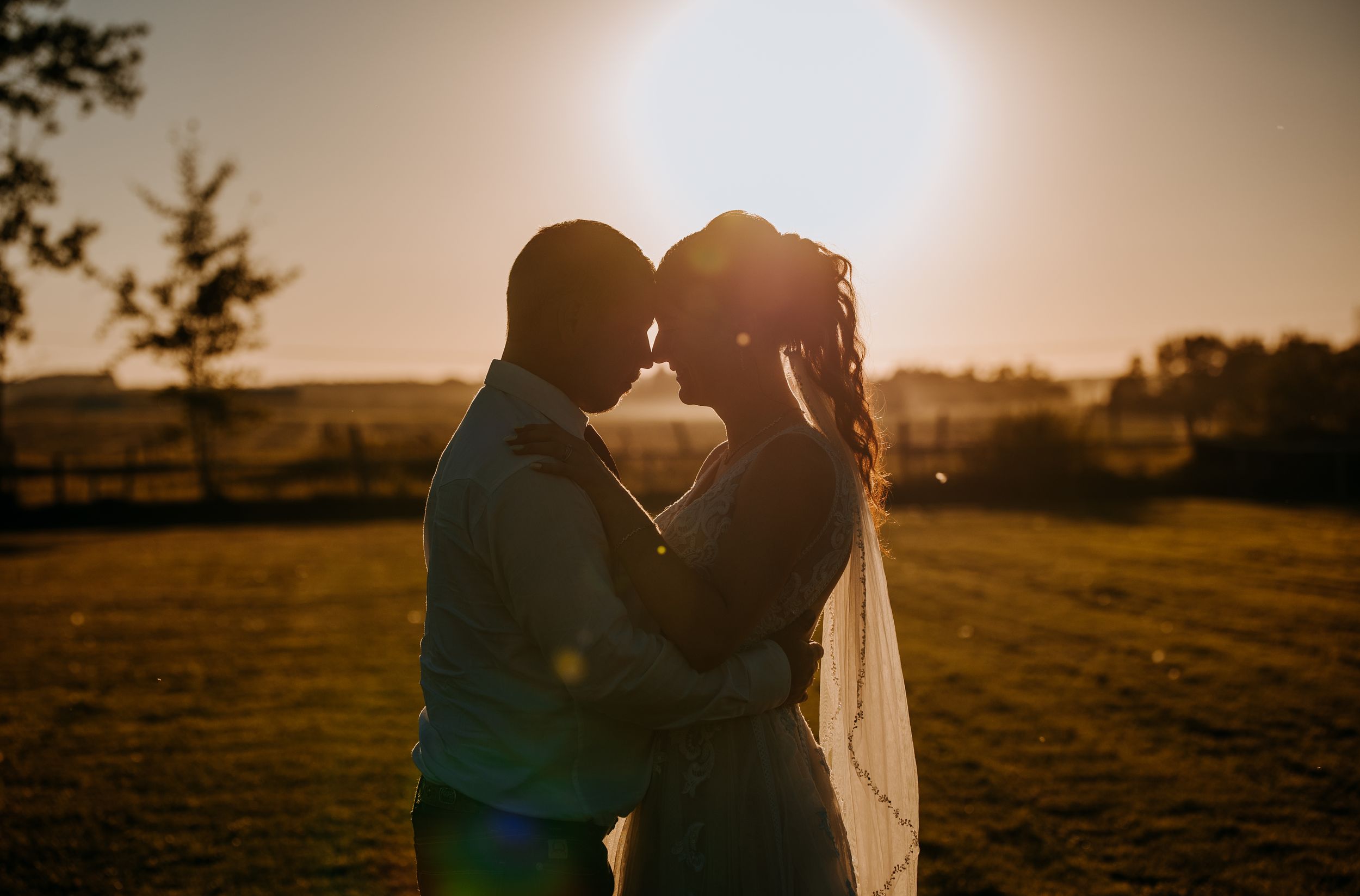 A romantic couple embraces in a golden sunset field creating a silhouette against the warm evening sky.
