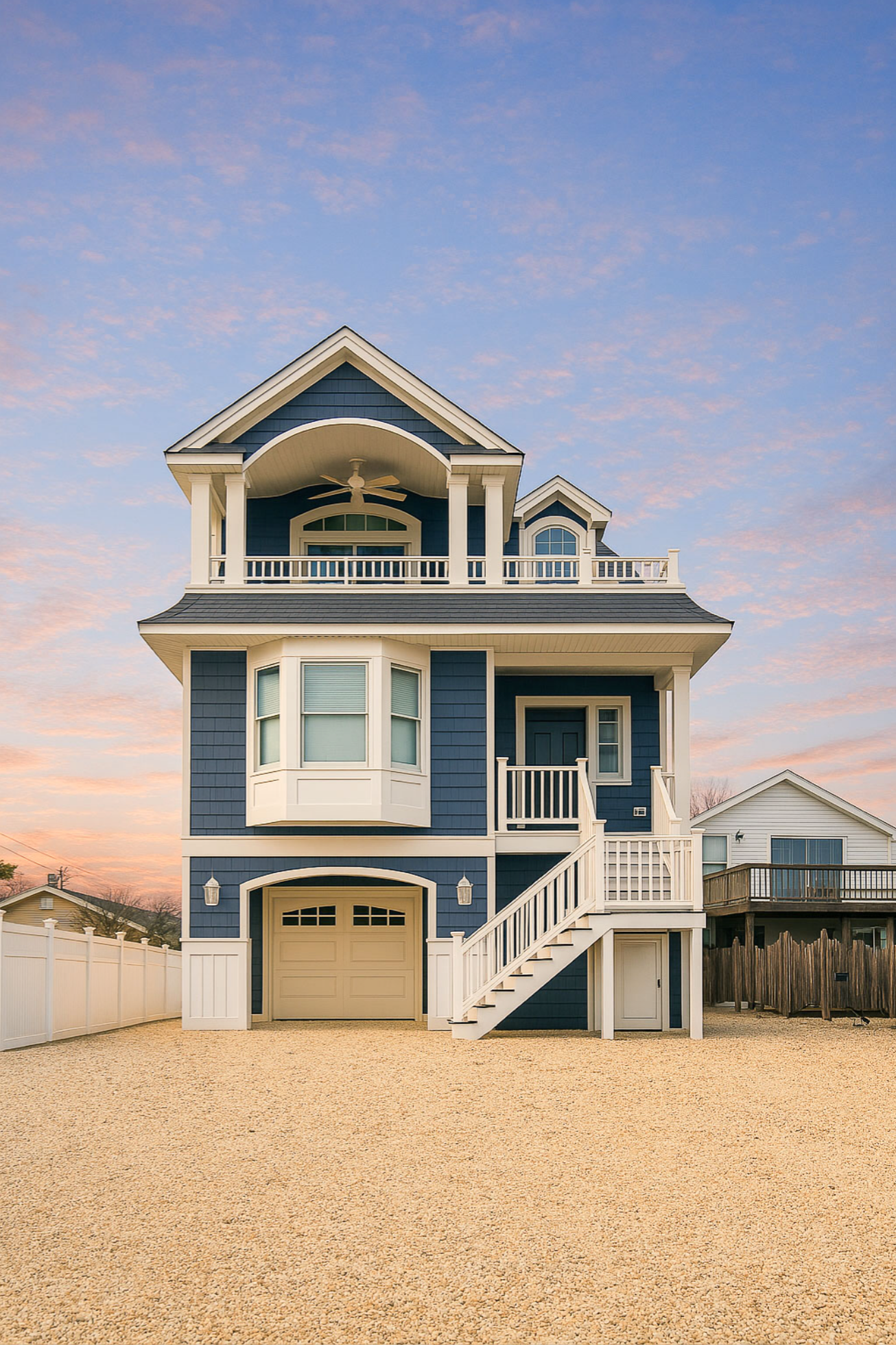 Blue beach house with white trim and balconies against pastel sunset sky.