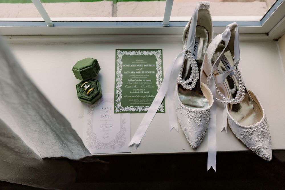 A collection of wedding shoes and accessories arranged in a grid layout with decorative elements and floral details.