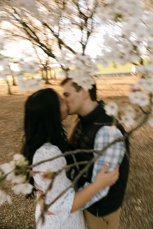 Couple shares romantic kiss under blooming cherry blossom tree in soft focus spring engagement photo.