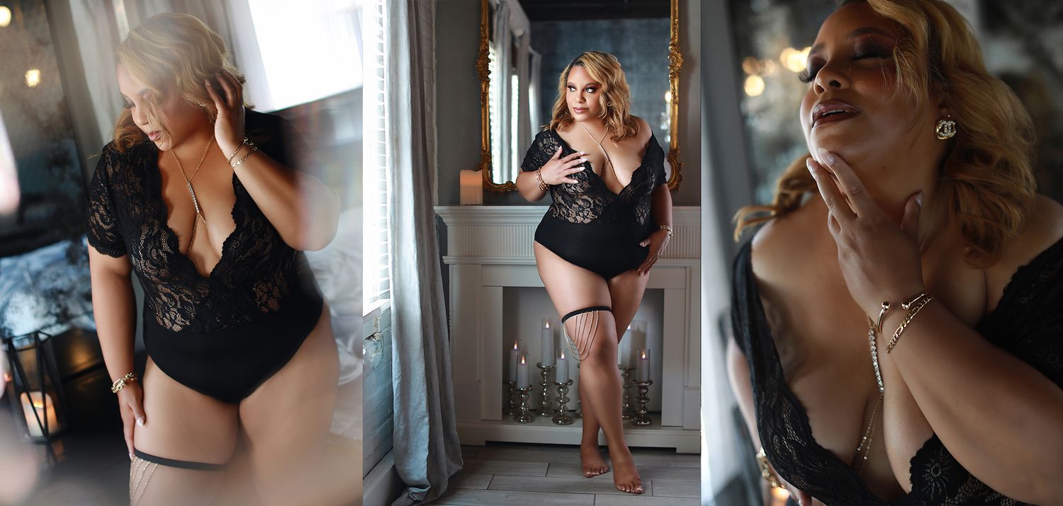 Collection of intimate boudoir portraits in vintage-style setting with natural window light.