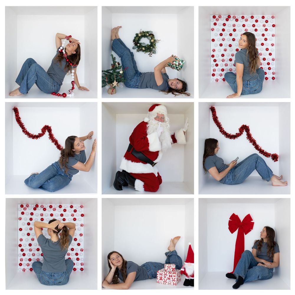 A creative photo collage showing various poses in casual denim and red holiday attire against white and heart-patterned backdrops.