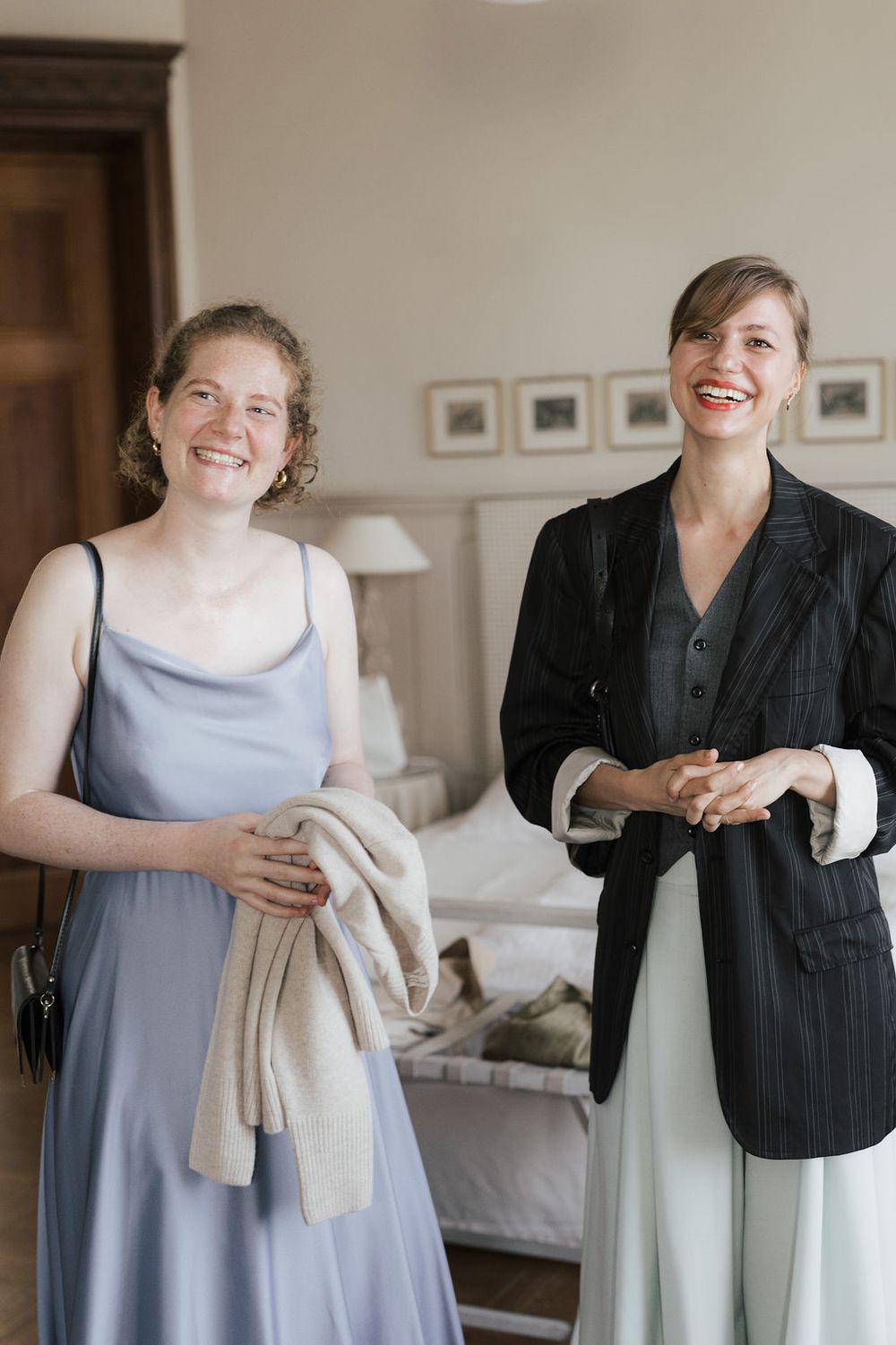 A series of candid moments showing people in a light-filled room wearing formal attire and sharing joyful interactions.