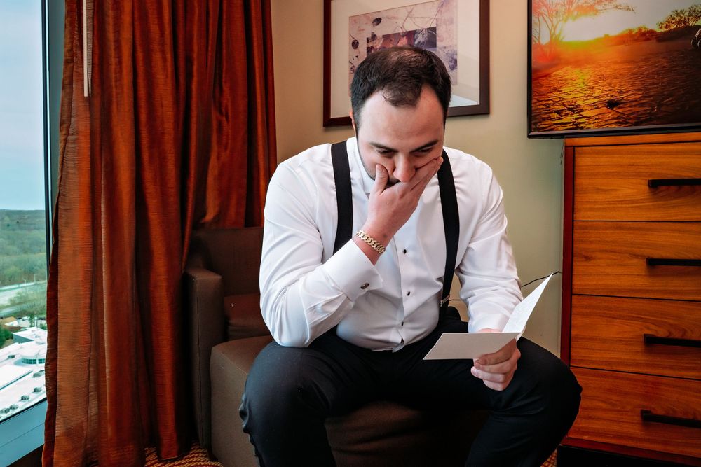 A series of wedding preparation photos showing someone reading letters and getting ready in formal attire.