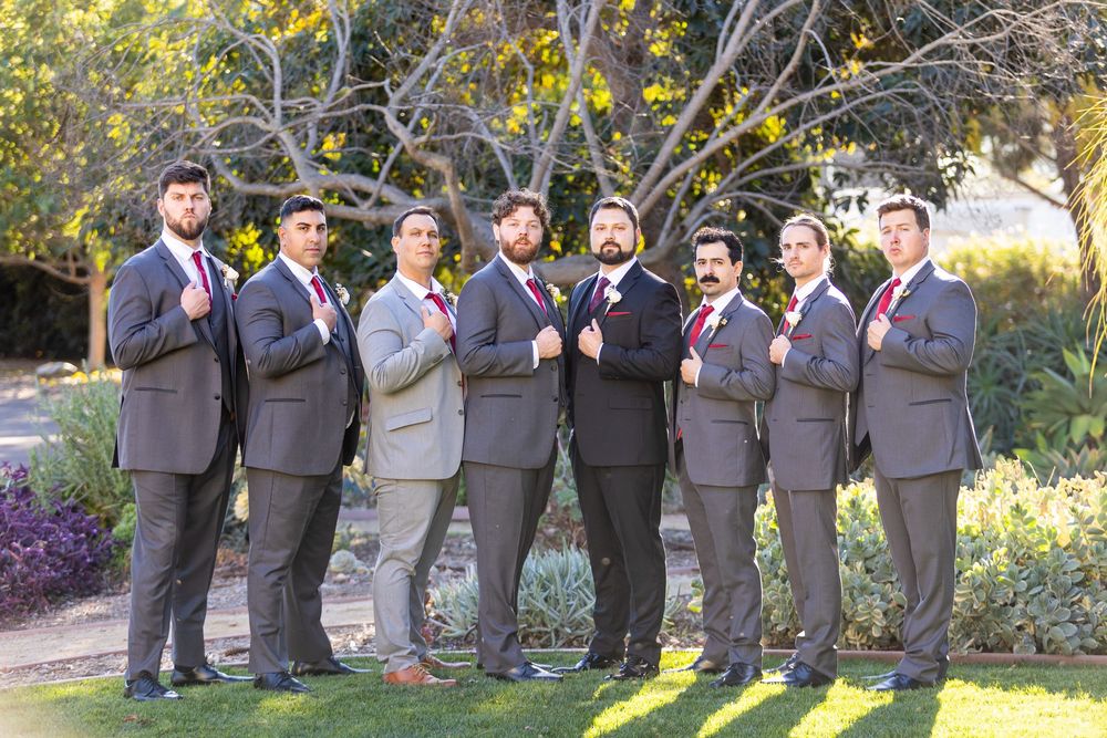 Eight groomsmen in matching gray suits and pink ties pose together on a sunny garden path.