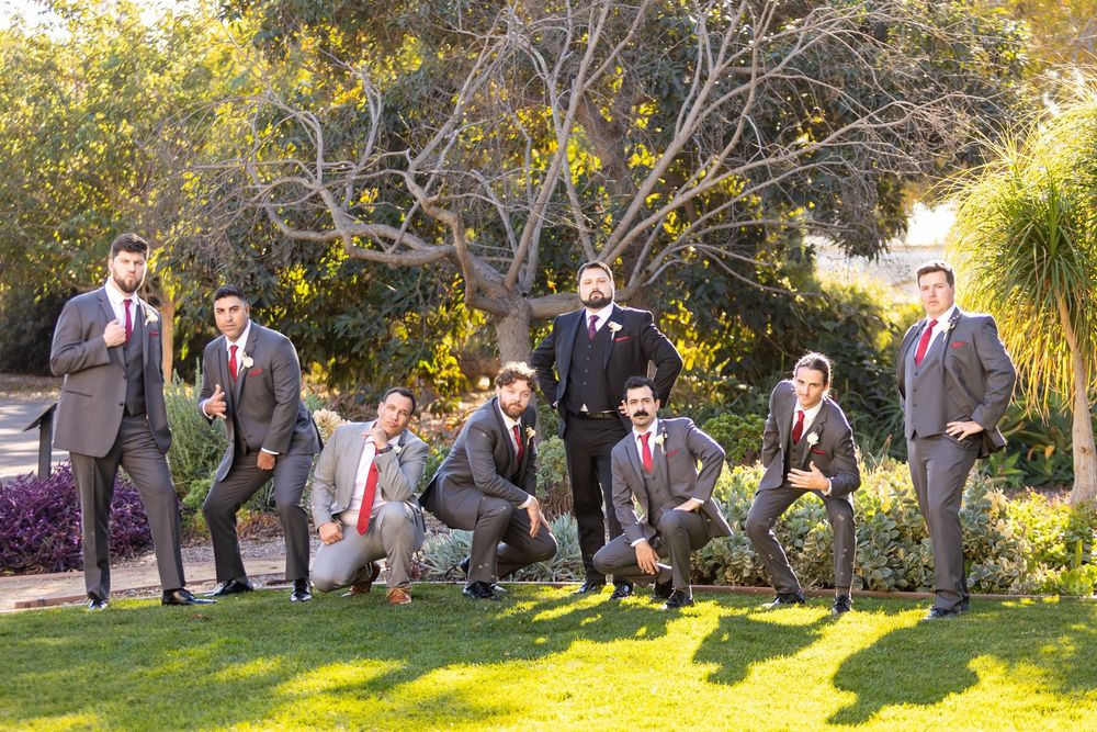 Groomsmen in charcoal suits gather for photos on a landscaped lawn with trees in the background.