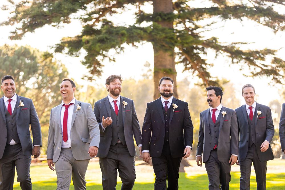 Wedding party of groomsmen in coordinated gray suits and red ties walk together under tall trees.