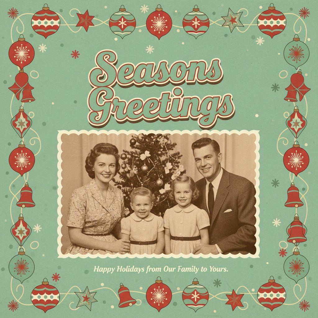 Vintage Christmas banner with retro holiday ornaments and decorations in red and turquoise on a mint green background.
