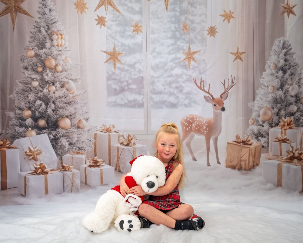 White and gold Christmas decor creates a magical winter scene with decorated trees and twinkling stars.