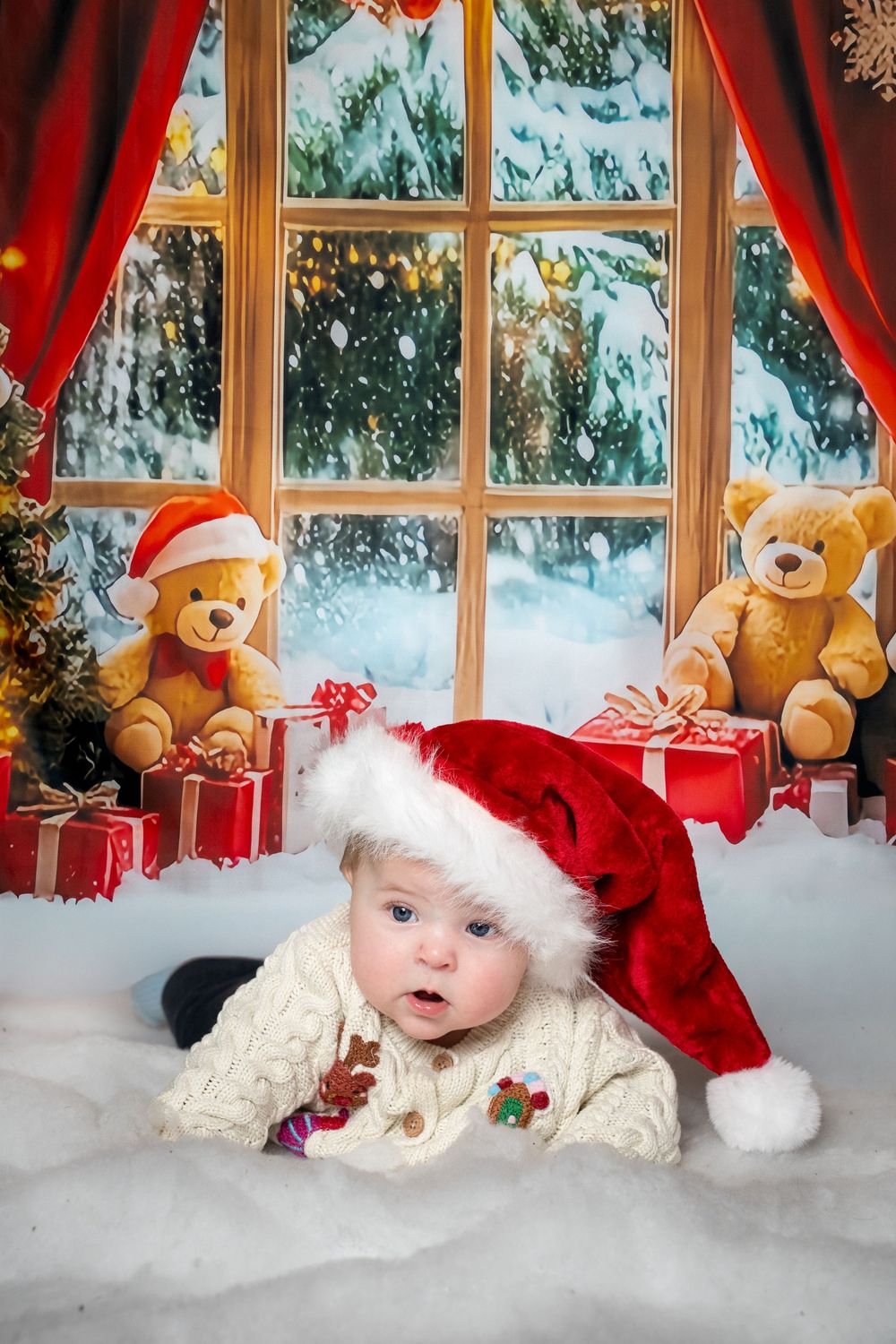 Festive Christmas scene with teddy bears, presents, and red curtains by a snowy window decorated for the holidays.